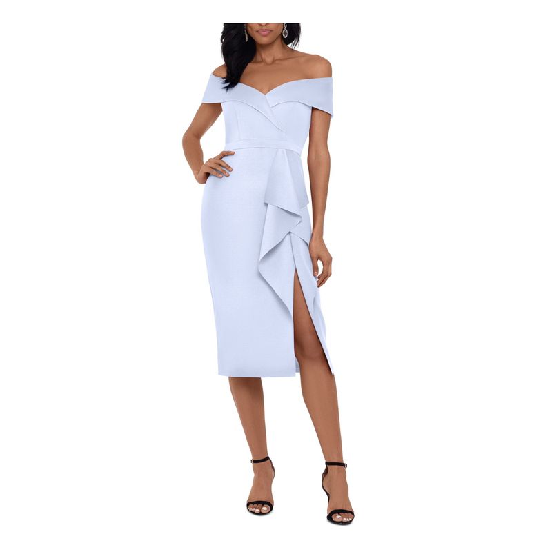 Nwt Xscape Womens Light Blue Tack Holes For Ruffles Short Sleeve Midi Dress 8p